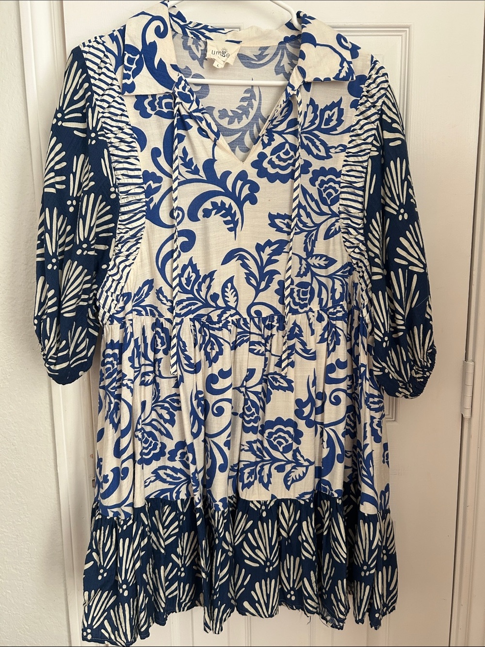 Umgee Blue and White Mixed-Print Sun Dress